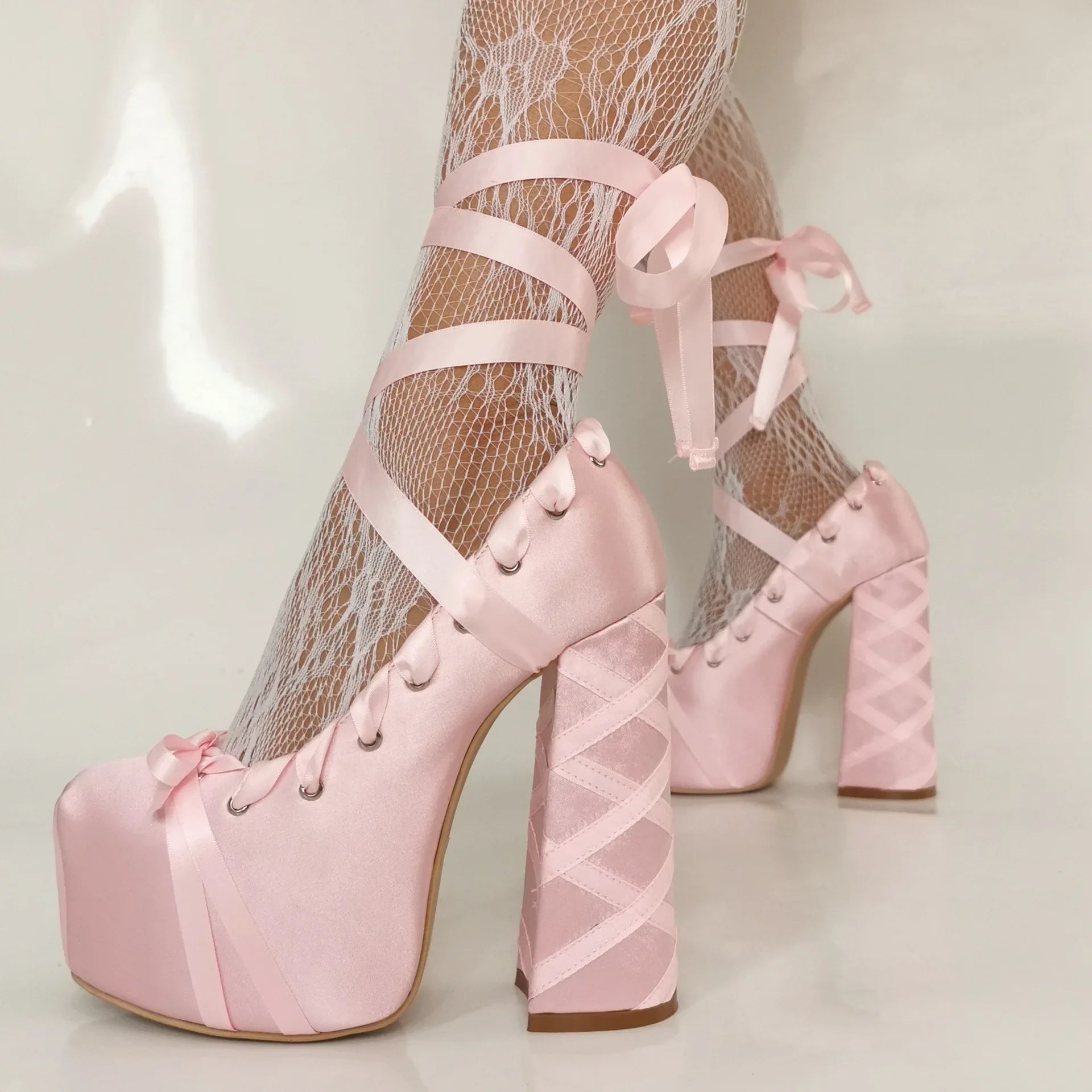 2025 Sweet Lolita Pink Bow Platform Sandals – Lace-Up Satin Strappy Heels for Women