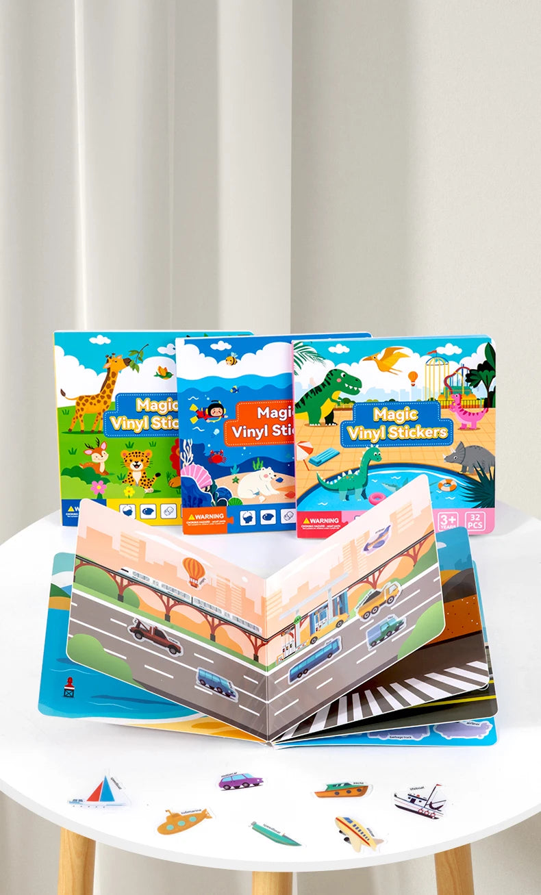Reusable Magic Sticker Book – DIY Cartoon Animal Puzzle Learning Toy for Kids