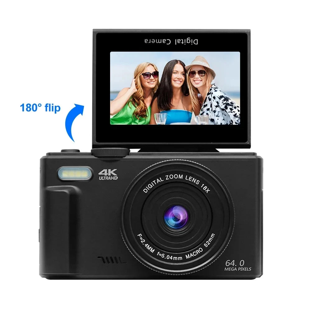 4K 64MP Digital Vlogging Camera – 18X Zoom Compact Photography Camera with 3” 180° Flip Screen & Flash