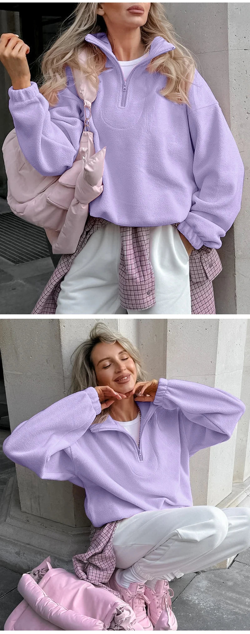 Pink Lamb Fleece Hoodie – Women’s Casual Thick Zipper Pullover Streetwear