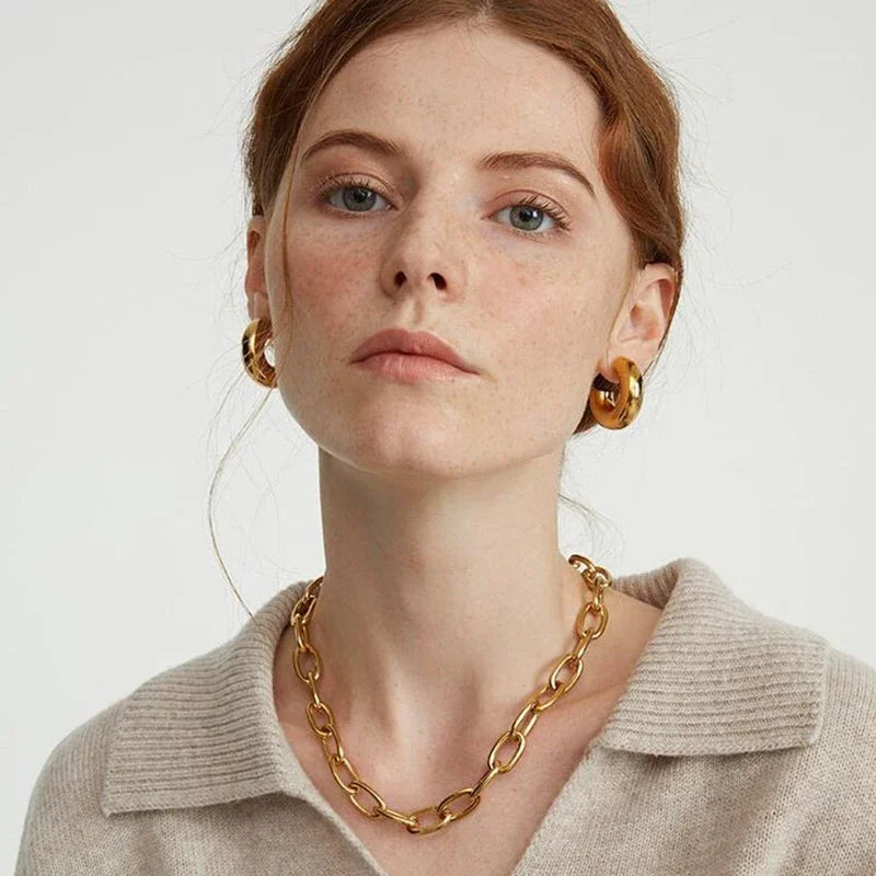 Classic Gold-Plated Chunky Hoop Earrings – Smooth Round C-Shape Stainless Steel Fashion Jewelry for Women
