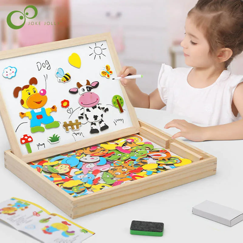 100+Pcs Wooden Magnetic Animal Puzzle Board – Multifunction Learning Drawing Toy for Kids Education & Creativity