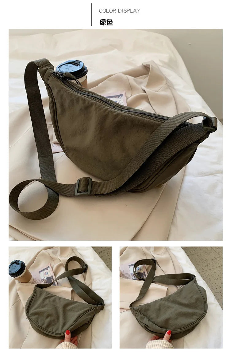 Solid Color Women’s Nylon Shoulder Bag – Portable Padded Crossbody Messenger Travel Handbag