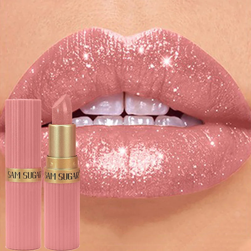 Nude Pink Metallic Glitter Lipstick – Long-Lasting Waterproof Shimmery Lip Gloss