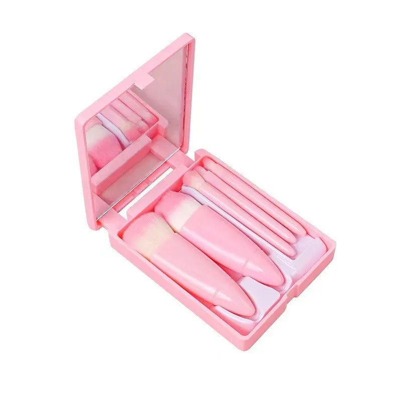 5PCS Pink Mirror Case Makeup Brush Set – Mini Travel Beauty Brushes