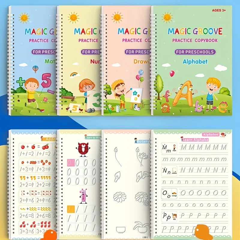 Magic Reusable Handwriting Copybook Set – 4Pcs Tracing Practice Books for Kids Learning Calligraphy & Writing