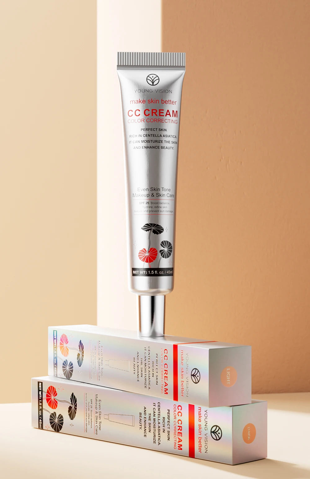 2-Color Brightening CC Cream with Puff – Even Skin Tone & Conceal Pores, Women’s Makeup Cosmetics