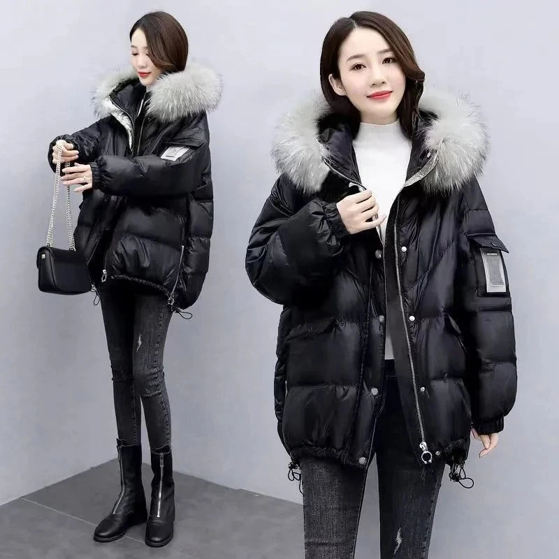 2025 Women’s Winter Down Cotton Jacket – Hooded Puffer Coat with Fur Collar