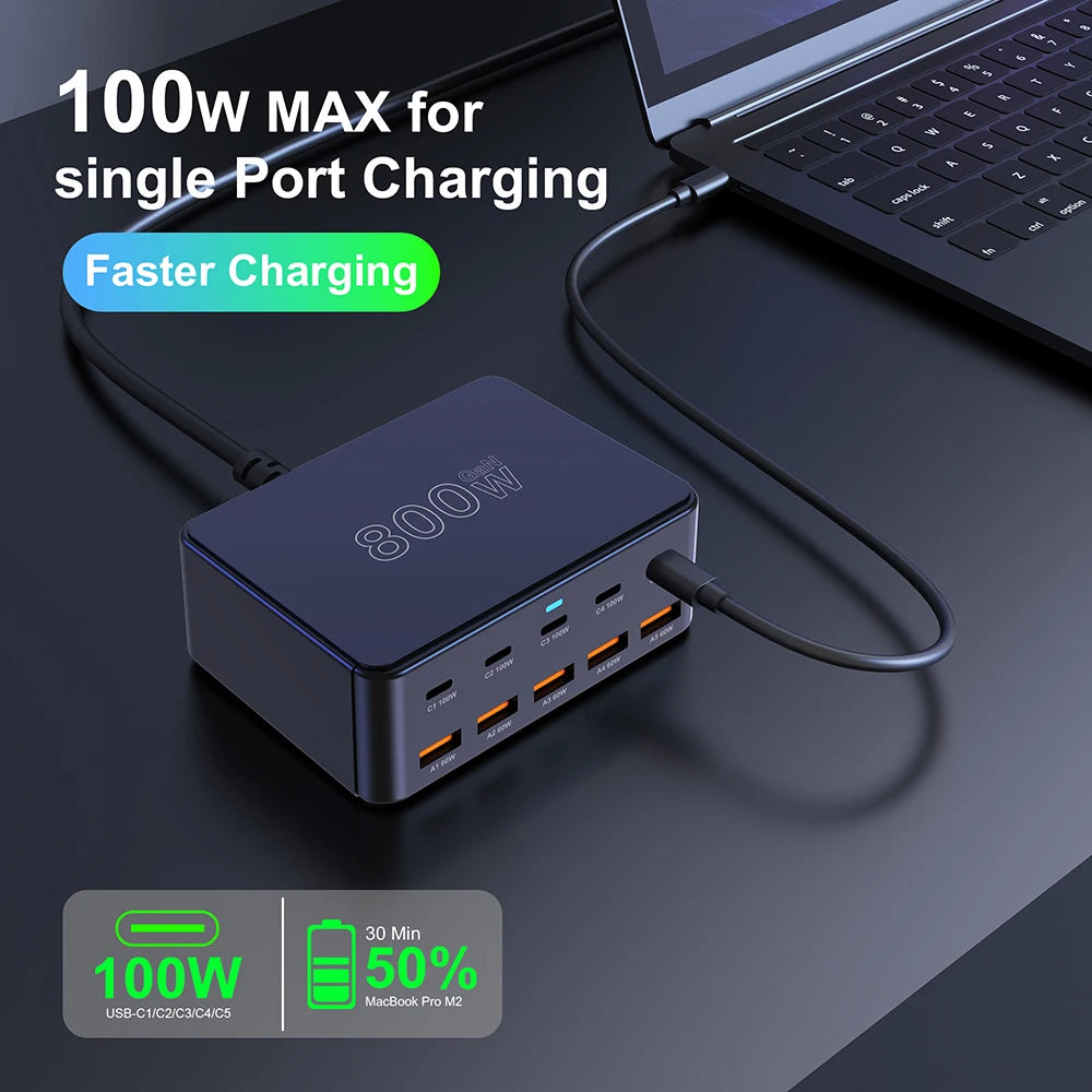 800W GaN USB-C Charger – 100W PD3.0 PPS QC3.0 Multiport Fast Charging Station for iPhone 15/16, Samsung, MacBook & Laptops
