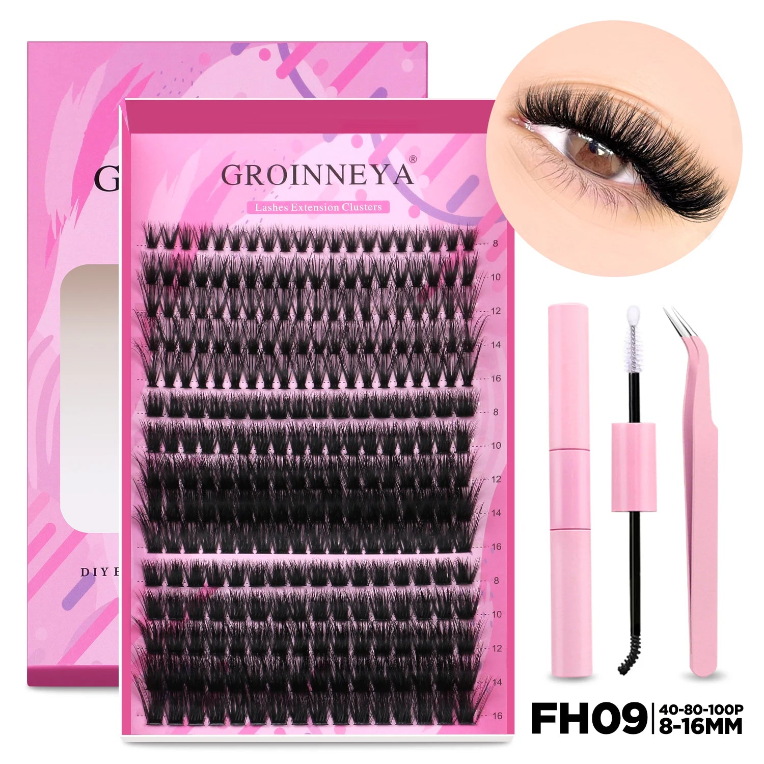 GROINNEYA DIY Lash Extension Kit – Individual Cluster Mix Lashes with Bond & Seal for At-Home Use