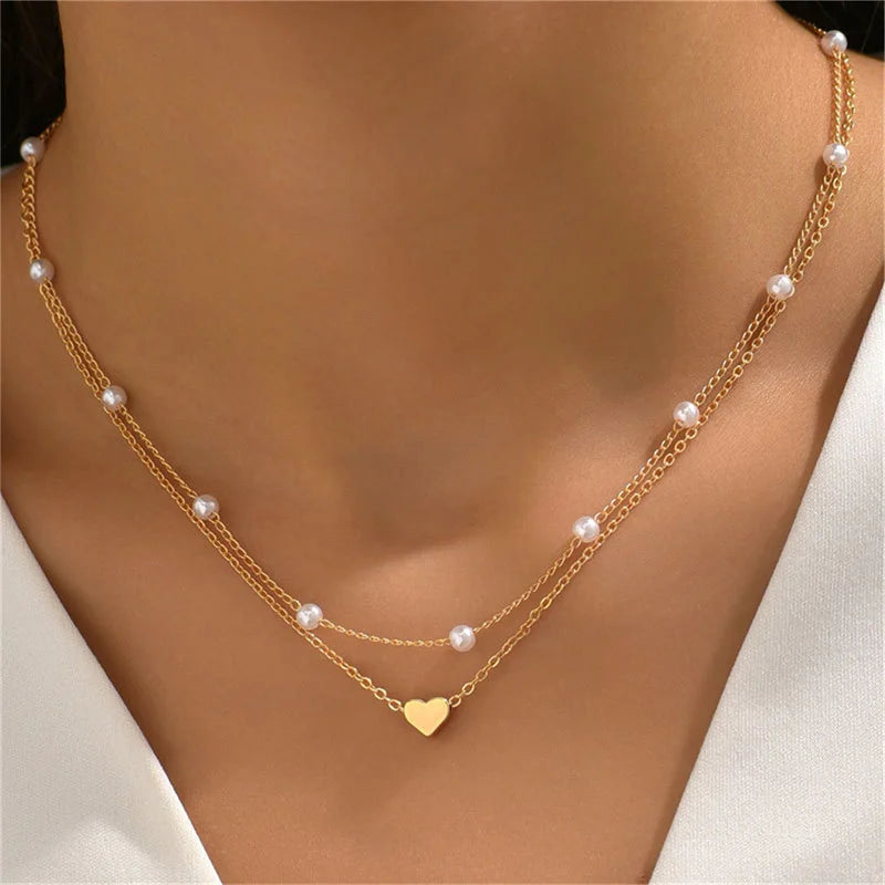 Multilayer Pearl Cross & Heart Pendant Necklace – Gold Color Fashion Jewelry for Women 2024 Trend