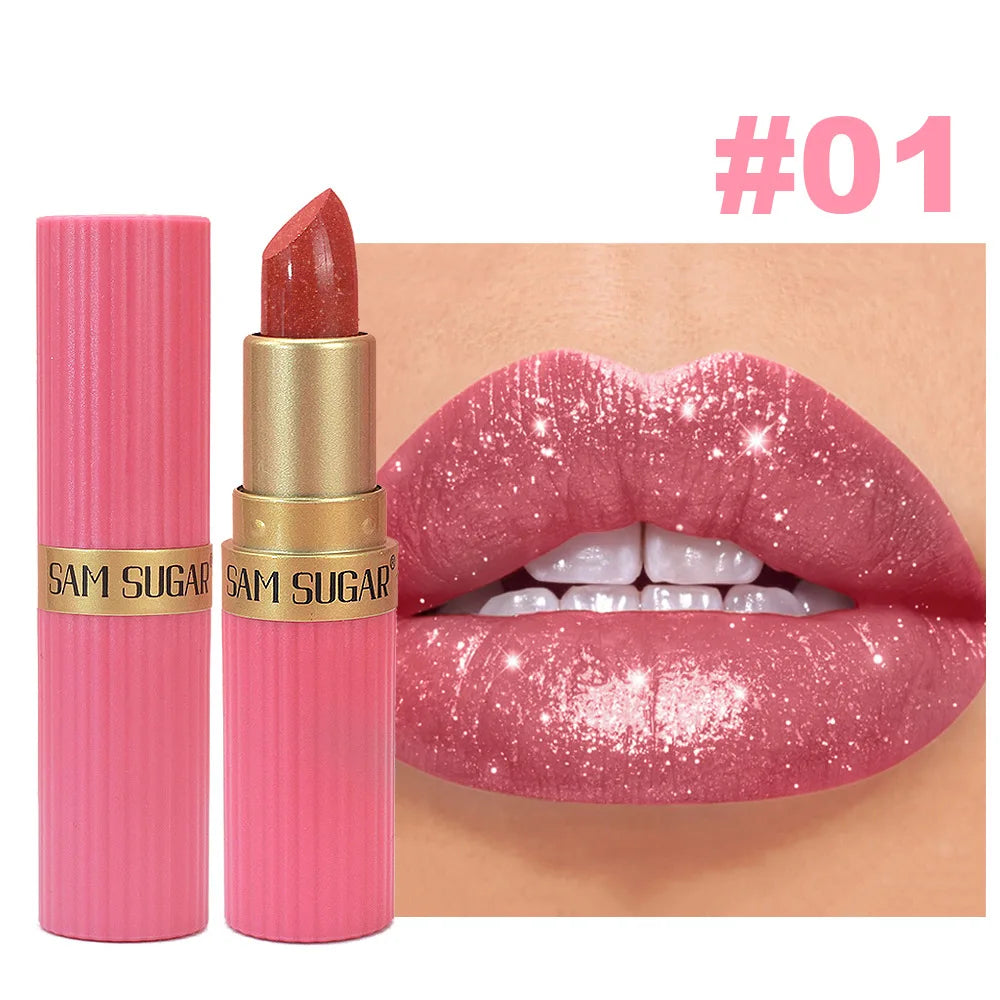 Pearlescent Pink Glitter Velvet Lipstick – Metallic, Waterproof, Long-Lasting Matte Shimmer Diamond Lipstick