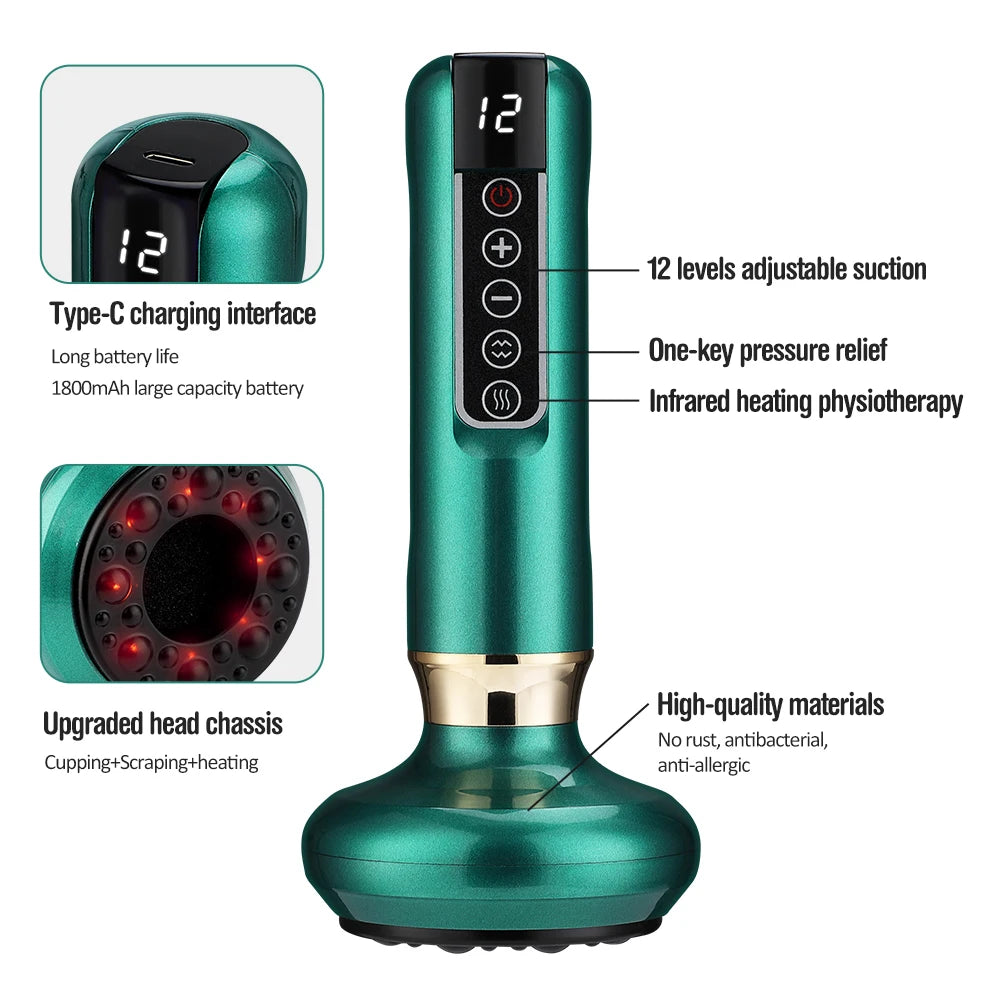 Electric Cupping Massager 6/12 Gear Vacuum Gua Sha Device – Anti-Cellulite Suction Heat Therapy Body Slimming Tool