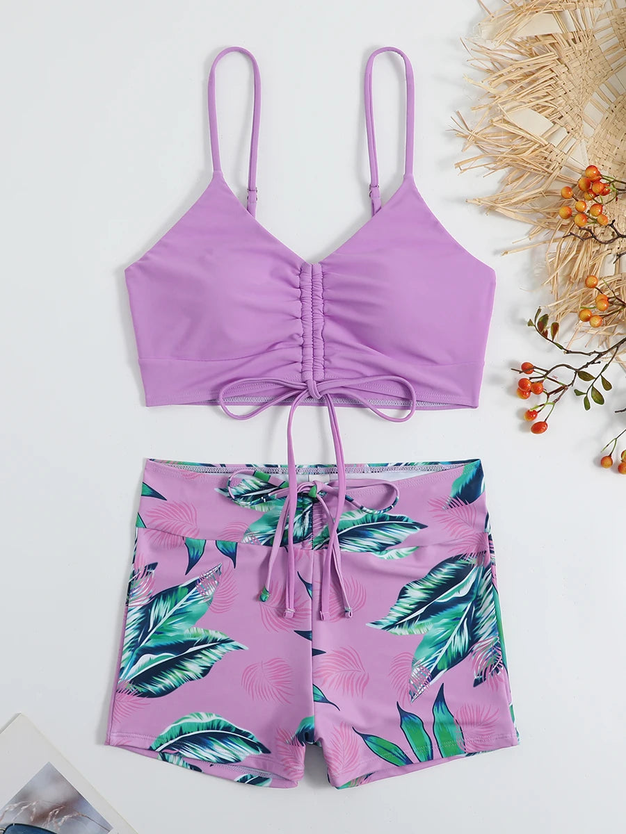 Drawstring Front Shorts Bikinis 2025 High Waist Swimsuit Women Swimwear Female Bathers Bathing Swimming Swim Suit Beachwear