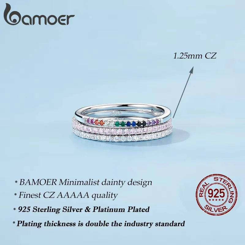 BAMOER 925 Sterling Silver Stackable Rings – Gold-Plated Simulated Diamond CZ Eternity Bands for Women