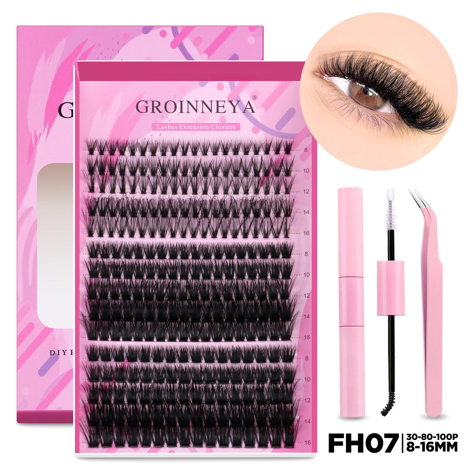 GROINNEYA DIY Lash Extension Kit – Individual Cluster Mix Lashes with Bond & Seal for At-Home Use