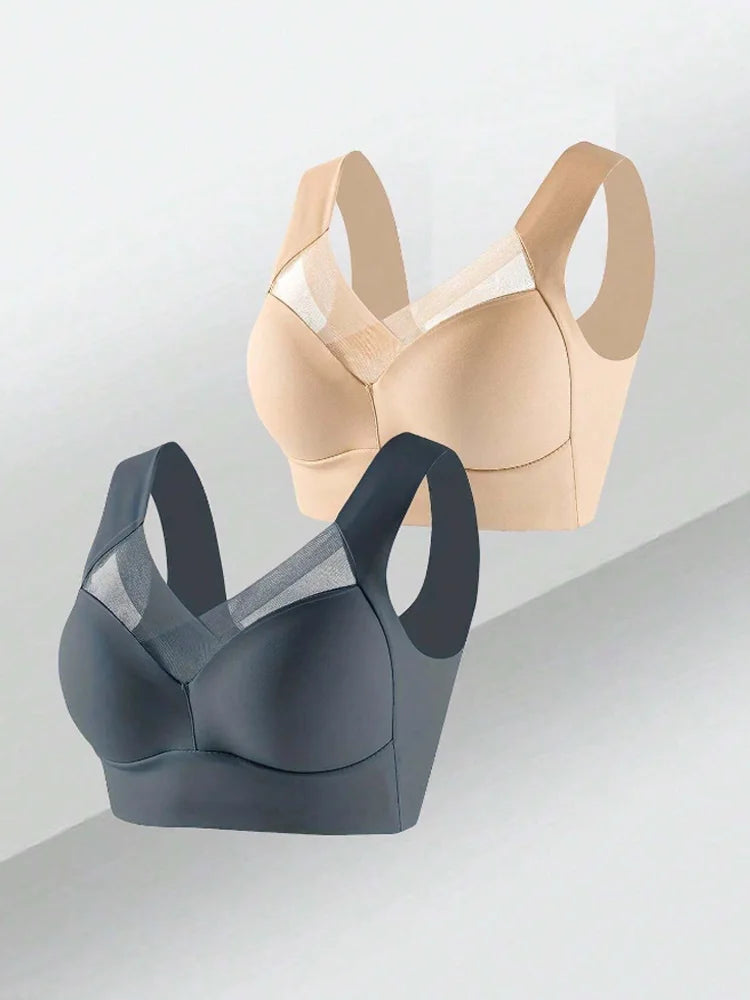 2PCS Women Lace Sport Bras Plus Size Seamless Bra Bralette Backless Lady Brassiere Vest Female Gather Shock-Proof Wireless L-3XL