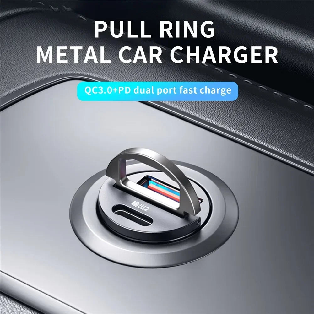 Mini 100W PD QC Fast Charging Car Charger – USB-C Pull Ring Adapter for iPhone, Samsung, Xiaomi & Huawei