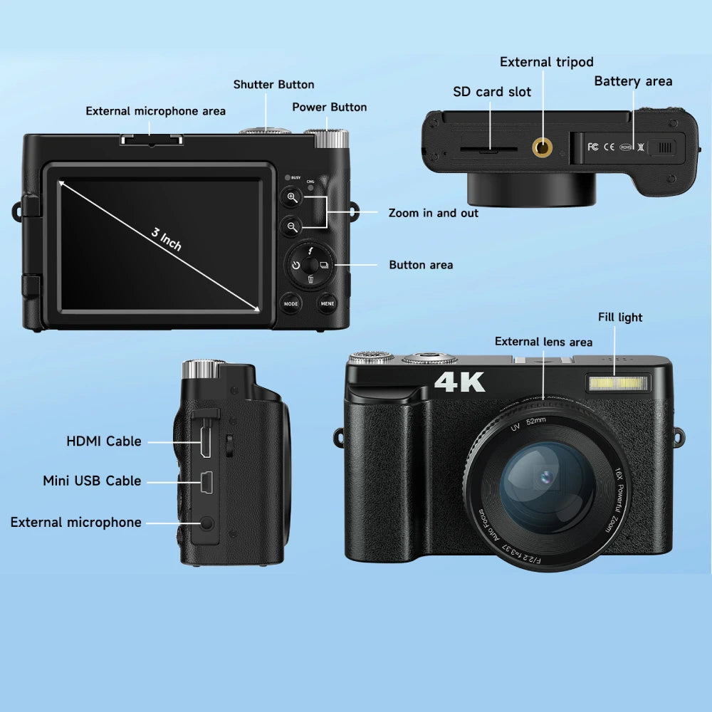 4K Digital Camera 48MP Vlogging Camera 3" Flip Screen Autofocus Anti-Shake