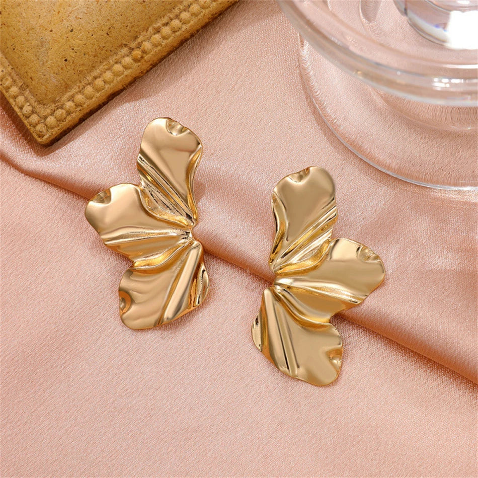 Hyperbole Chunky Earrings Wrinkle Flower Leaf Design Stud Earings Women Golden Stainless Steel Jewelry Accessories Gifts for Her