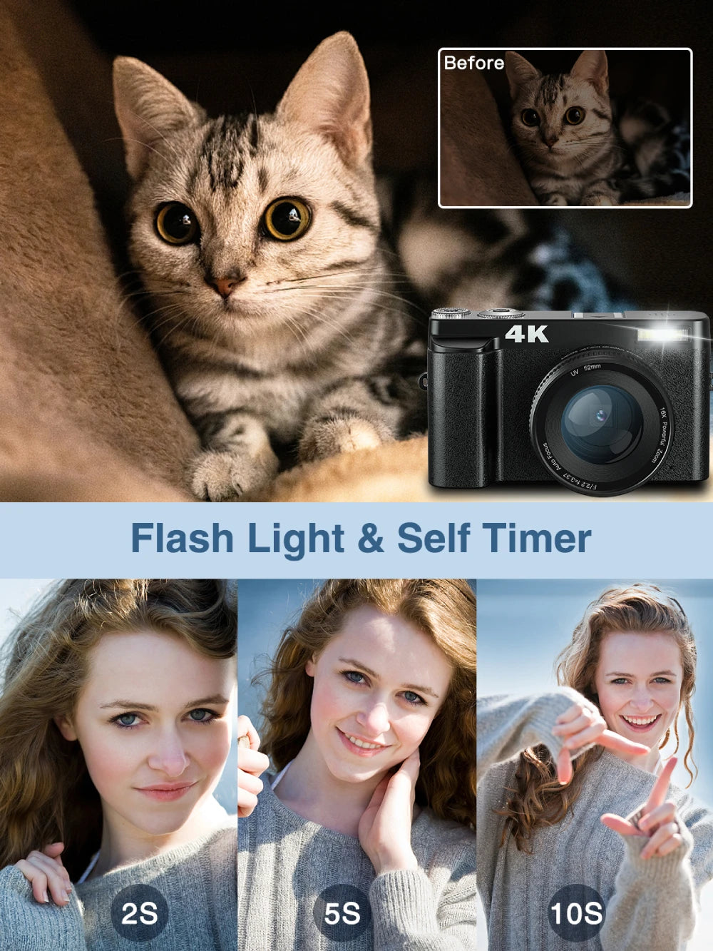 4K Digital Camera 48MP Vlogging Camera 3" Flip Screen Autofocus Anti-Shake