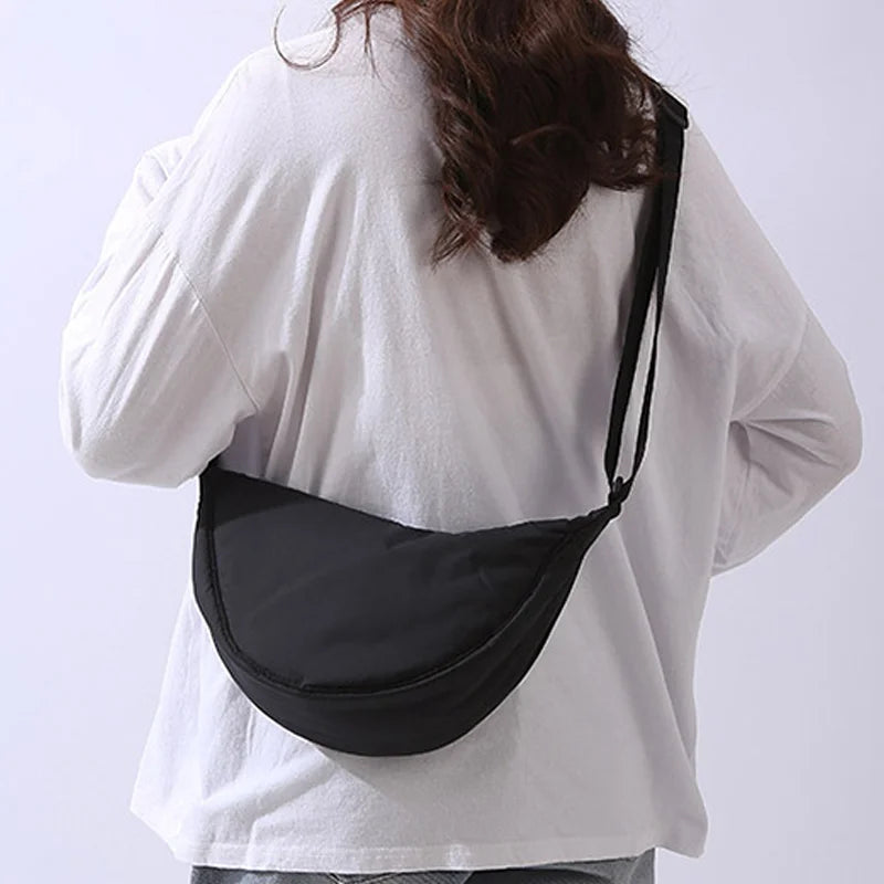 Solid Color Women’s Nylon Shoulder Bag – Portable Padded Crossbody Messenger Travel Handbag