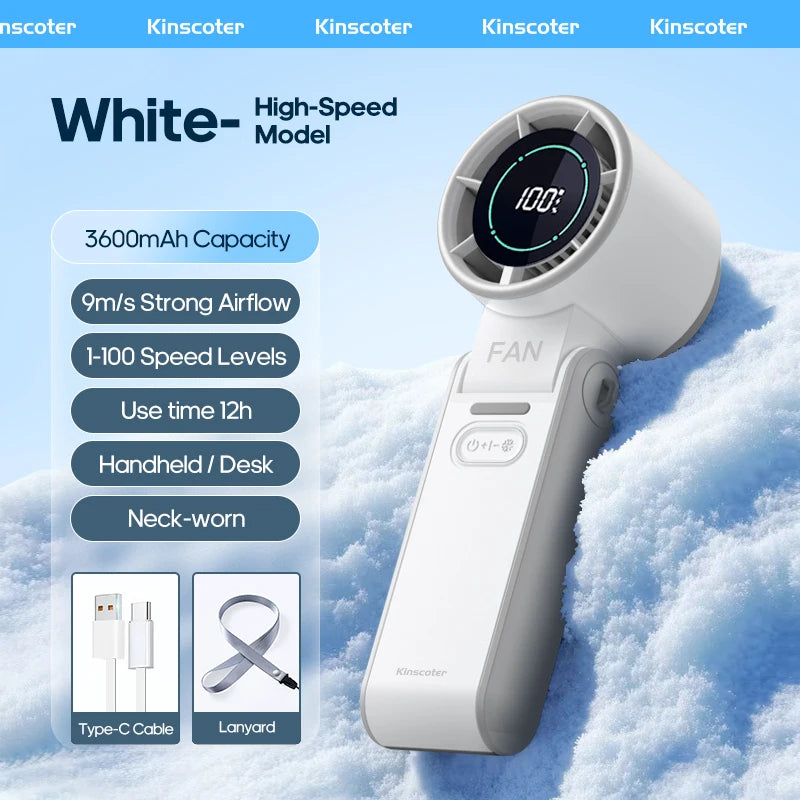 KINSCOTER Portable Air Cooling Turbo Fan 3600mAh 100 Wind Speeds Adjustable Outdoor Foldable Student Handheld Fan with Lanyard