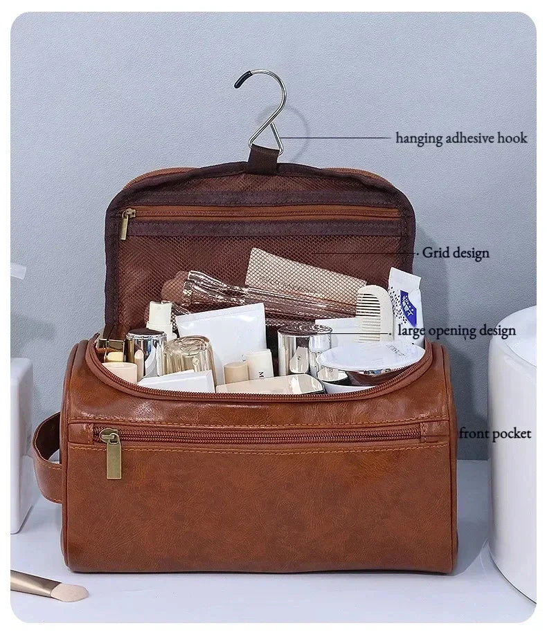 For Traveling Large Cosmetic Bag Leather Toiletry Bag for Men Women Dopp Kit Mens Hanging Toiletry Bag