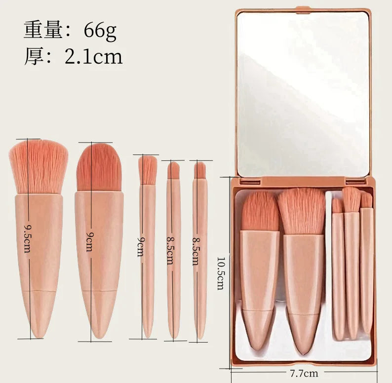 5PCS Pink Mirror Case Makeup Brush Set – Mini Travel Beauty Brushes