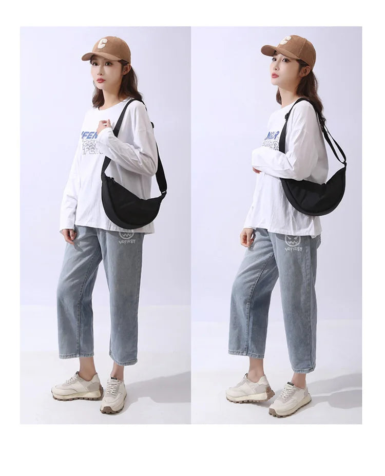 Solid Color Women’s Nylon Shoulder Bag – Portable Padded Crossbody Messenger Travel Handbag