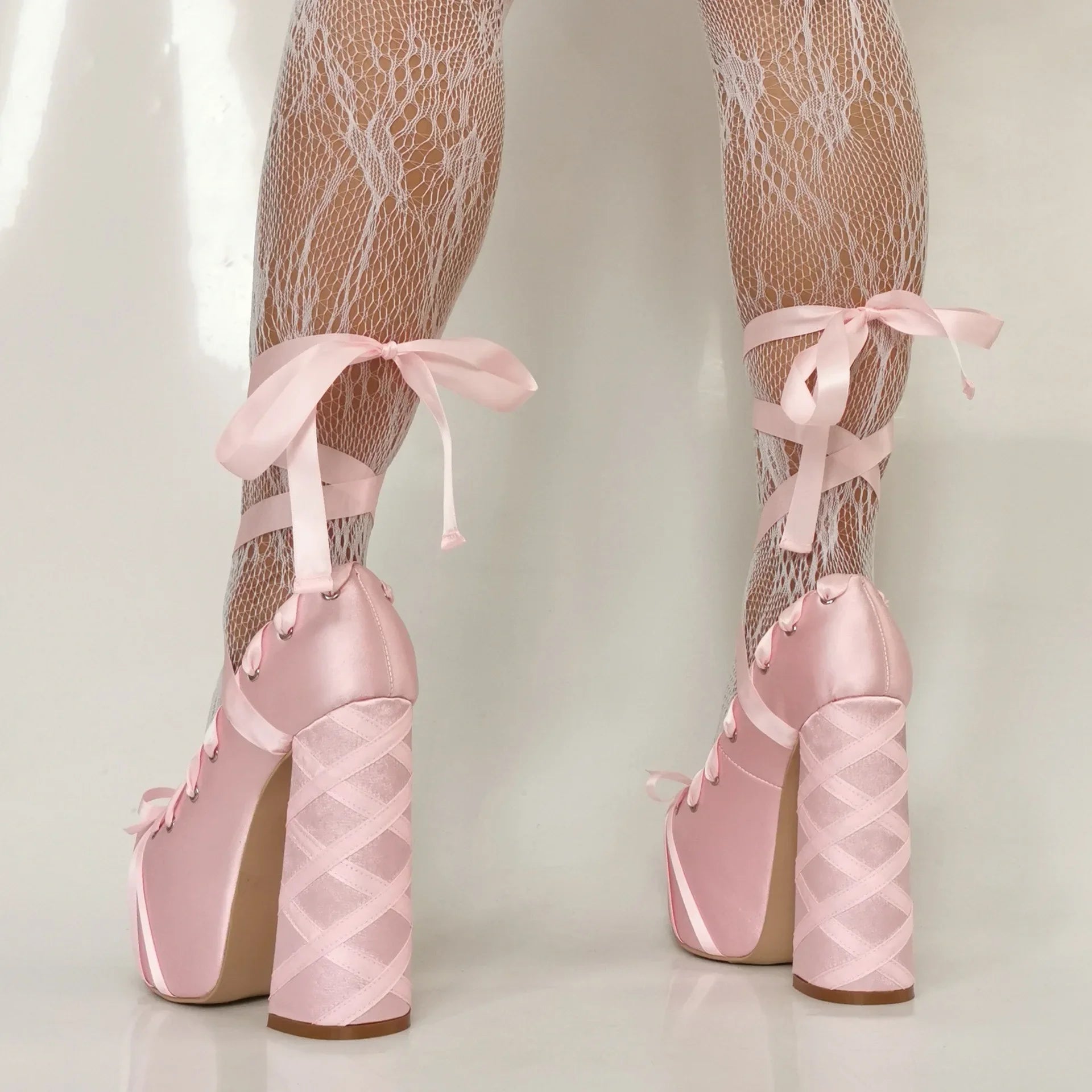 2025 Sweet Lolita Pink Bow Platform Sandals – Lace-Up Satin Strappy Heels for Women