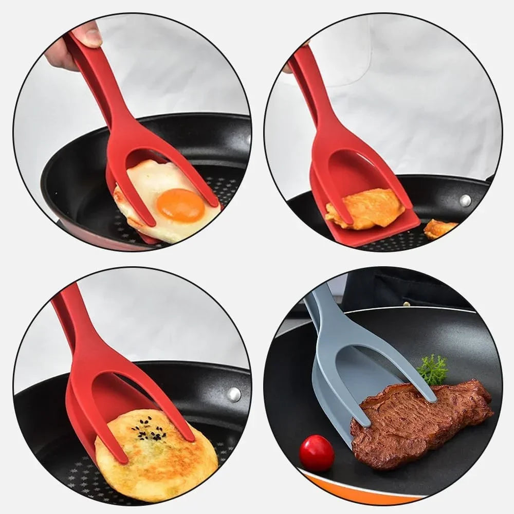 2-in-1 Silicone Egg Flipper Spatula Tongs Non-Stick Kitchen Tool