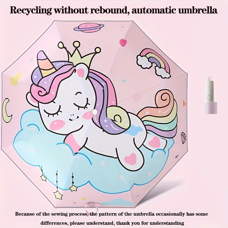 Pink Unicorn Princess Automatic Umbrella – Windproof Folding Reflective Umbrella
