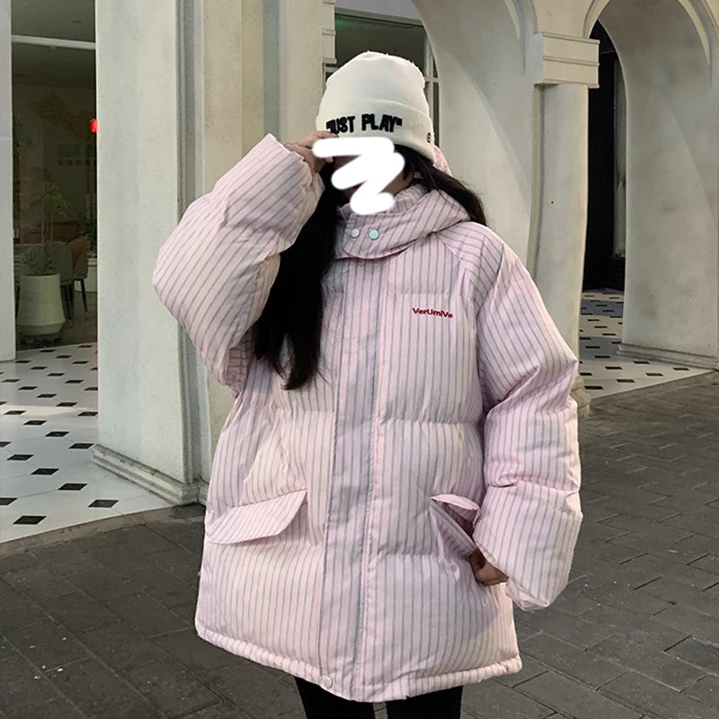 H250 Women’s Striped Quilted Cotton Coat – Hooded Loose Winter Overcoat 2025