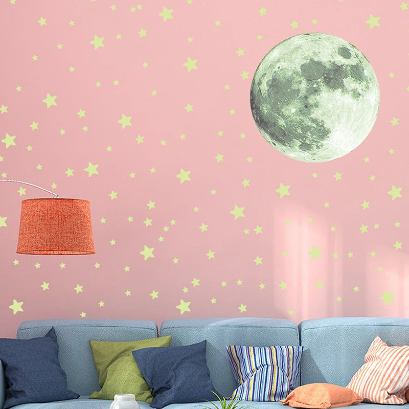 103pcs Luminous Moon & Stars Wall Stickers – Glow-in-the-Dark Kids Room Décor