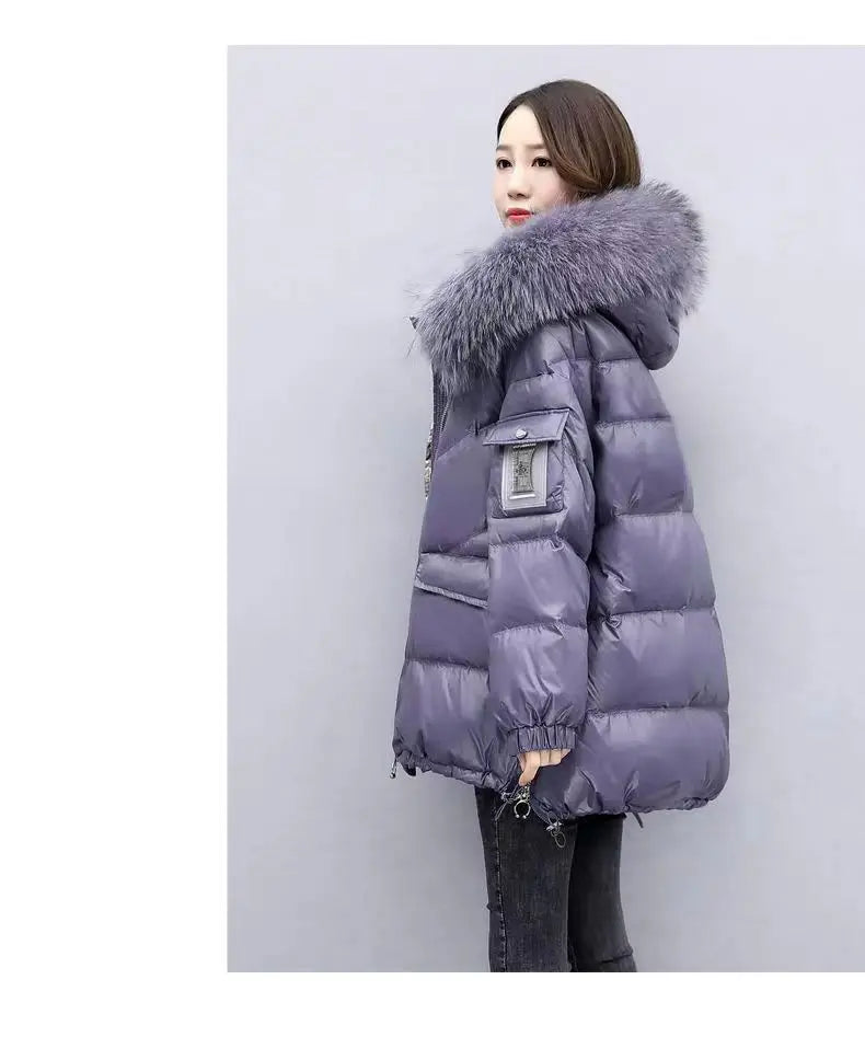 2025 Women’s Winter Down Cotton Jacket – Hooded Puffer Coat with Fur Collar