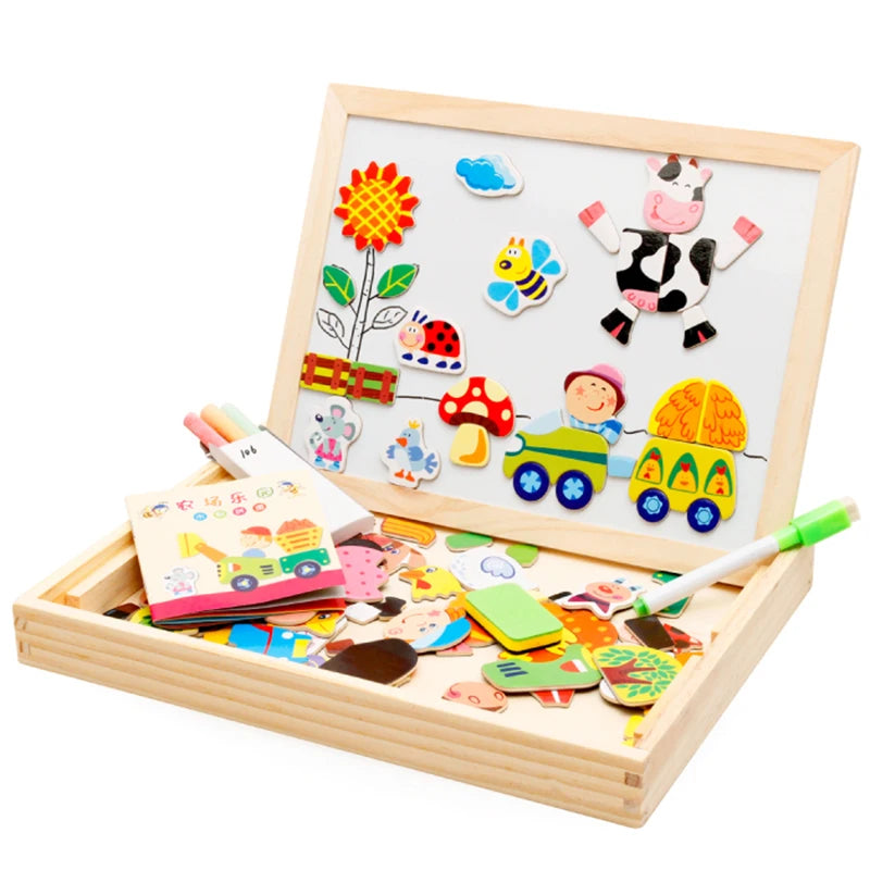 Wooden Multifunction Magnetic Drawing Board – Animal Puzzle Learning Toy for Kids