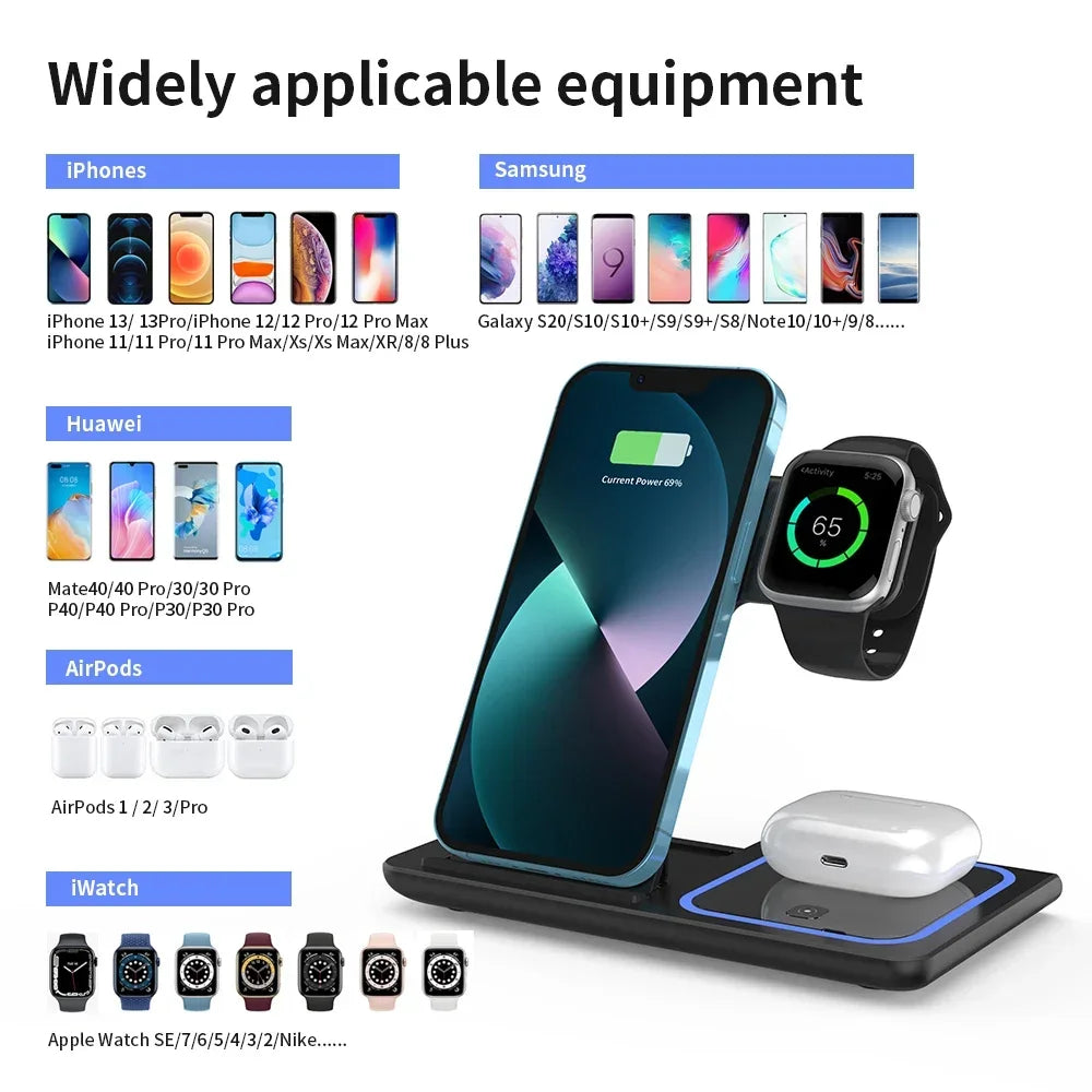 Foldable Wireless Charger Station for iPhone, Apple Watch & AirPods Fast Charging Dock