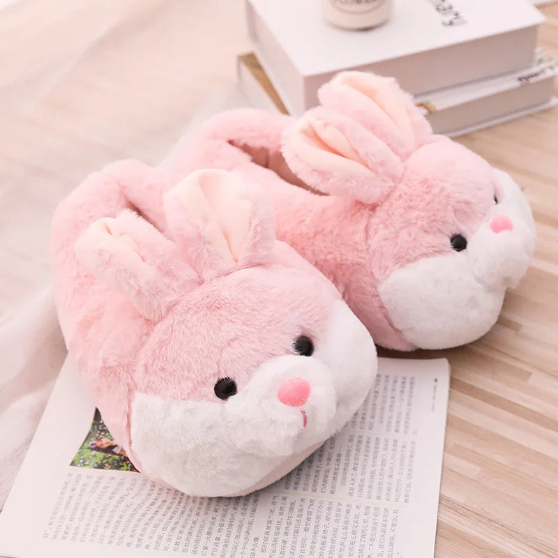 Cute Pink Rabbit Plush Slippers – Warm Winter Indoor Shoes for Women & Girls