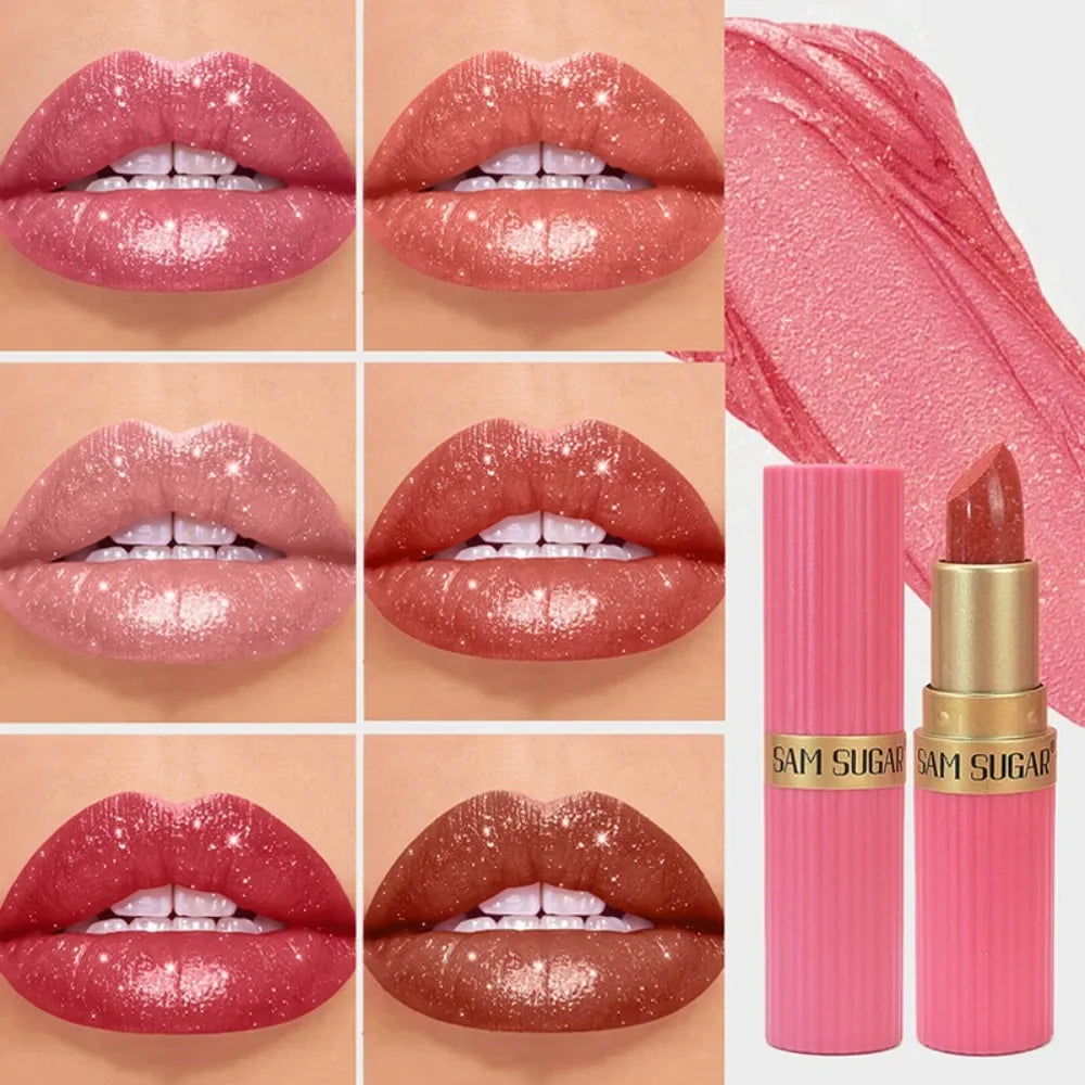 Nude Pink Metallic Glitter Lipstick – Long-Lasting Waterproof Shimmery Lip Gloss