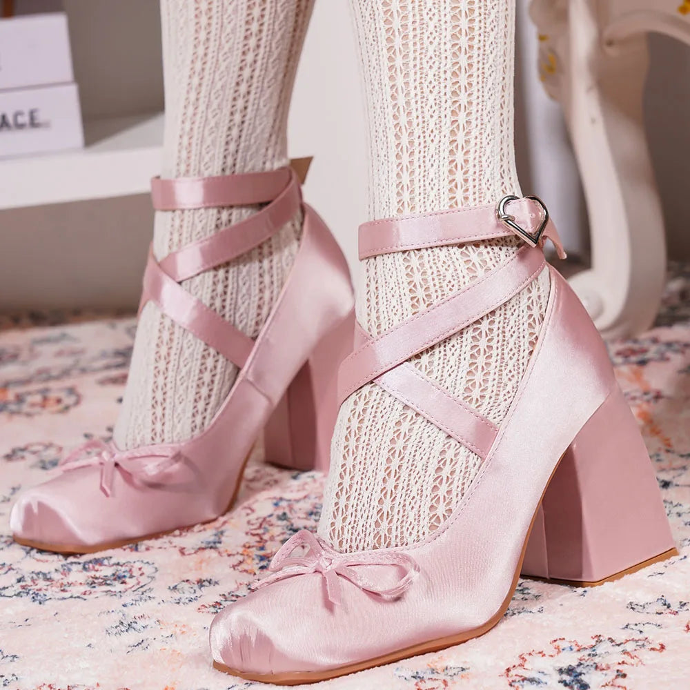 2025 Satin Pink Lolita Block Heels – Cute Cross-Strap Mary Janes for Women, Sweet Ballet Wedding Pumps