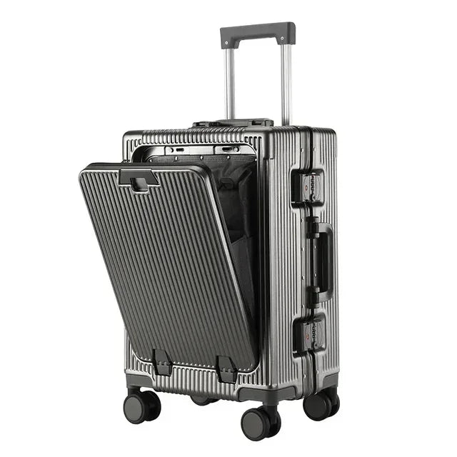 Front Opening Aluminum Frame Rolling Luggage – Large Capacity ABS+PC Trolley Suitcase with USB Charging