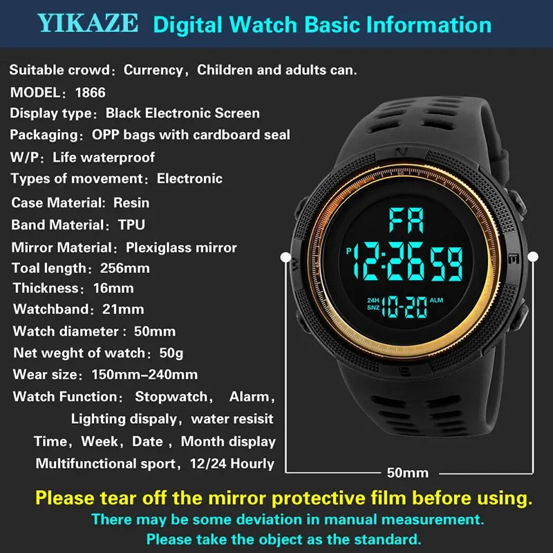 YIKAZE Y01 Military Digital Sports Watch – Waterproof Multifunction Men’s Electronic Wristwatch