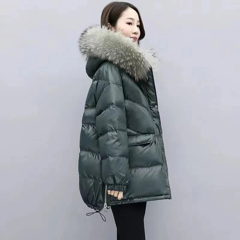 2025 Women’s Winter Down Cotton Jacket – Hooded Puffer Coat with Fur Collar