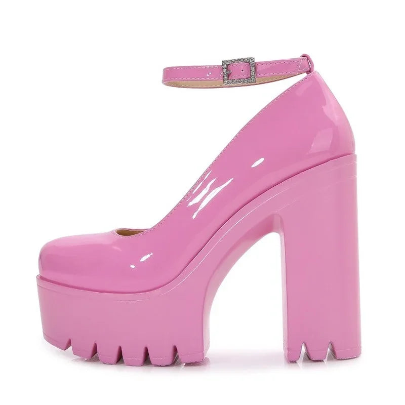 Pink Chunky Heeled Ankle Strap Pumps – Sweet Platform Square Heel Women’s High Heels