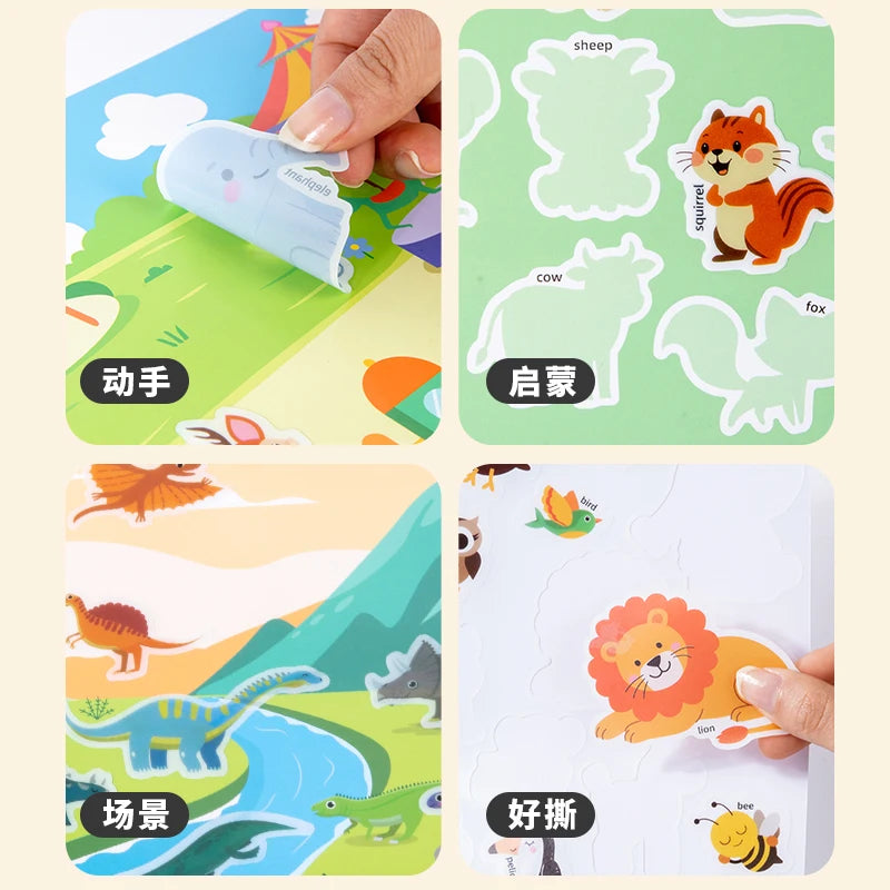 Reusable Magic Sticker Book – DIY Cartoon Animal Puzzle Learning Toy for Kids