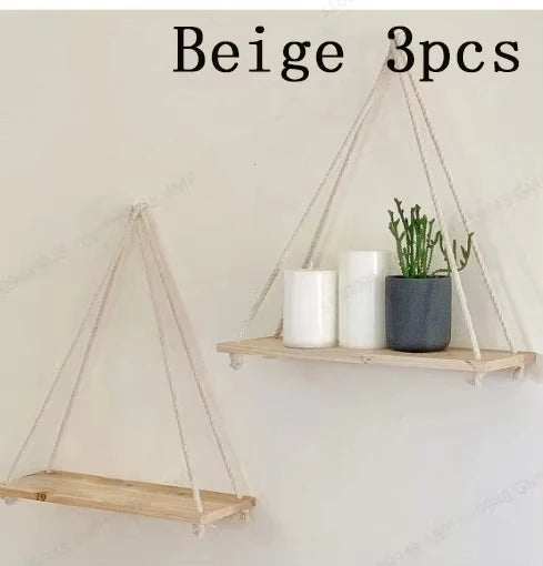 Wooden Swing Floating Shelf – Hemp Rope Hanging Wall Shelf for Plants & Home Decor