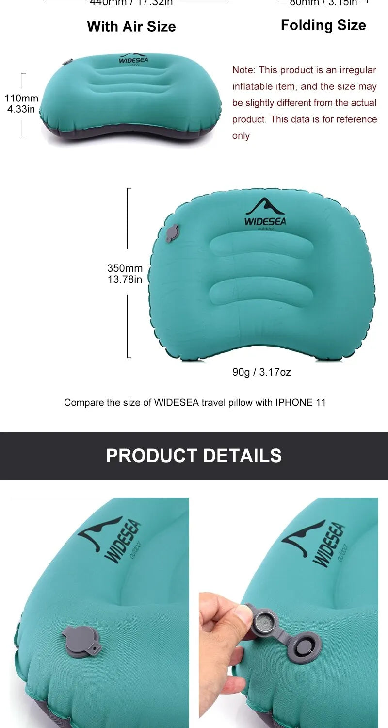 Widesea Portable Inflatable Pillow Camping Equipment Compressible Folding Air Cushion Outdoor Protective Tourism Sleeping Gear