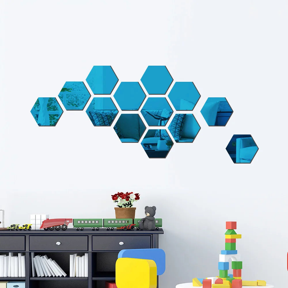 6/12pcs 3D Hexagon Mirror Wall Stickers – Rose Gold DIY Home & TV Background Decor