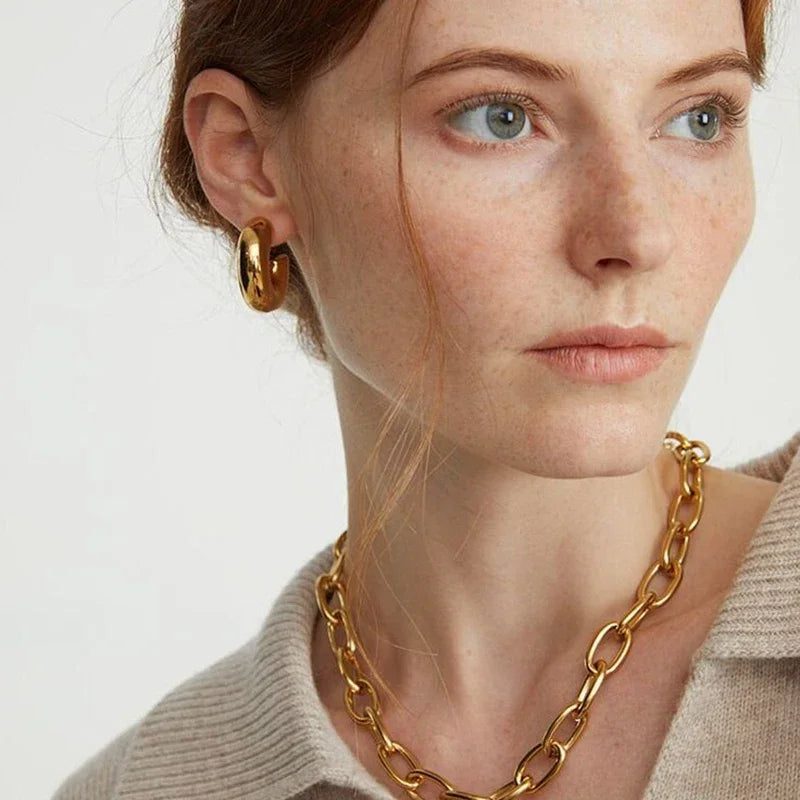 Classic Gold-Plated Chunky Hoop Earrings – Smooth Round C-Shape Stainless Steel Fashion Jewelry for Women